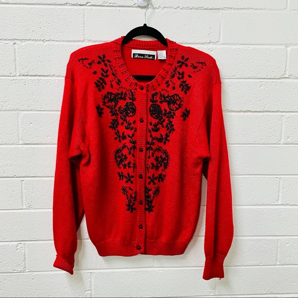 Dana Scott Sweaters - Dana Scott. Vintage Red & Black Beaded Cardigan. M